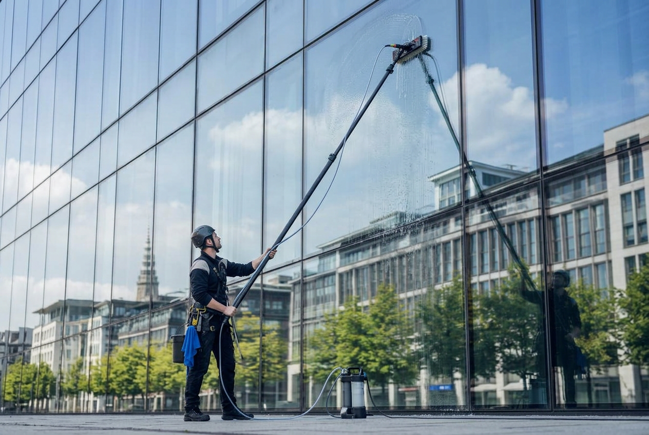 Glasbewassing uitgevoerd door een professionele schoonmaker