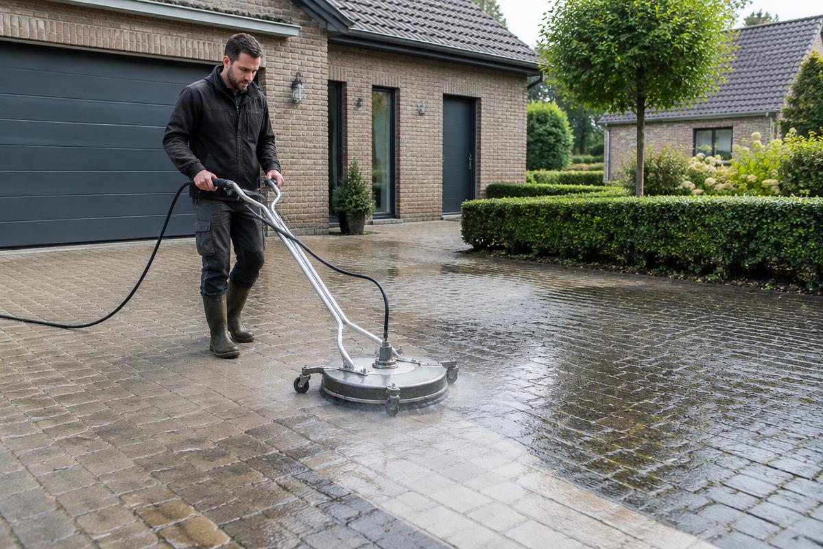 Oprit reinigen uitgevoerd door een professionele schoonmaker