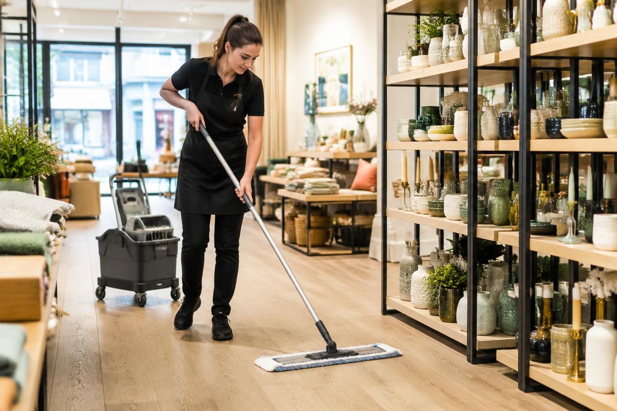 Schoonmaak van winkels uitgevoerd door een professionele schoonmaker