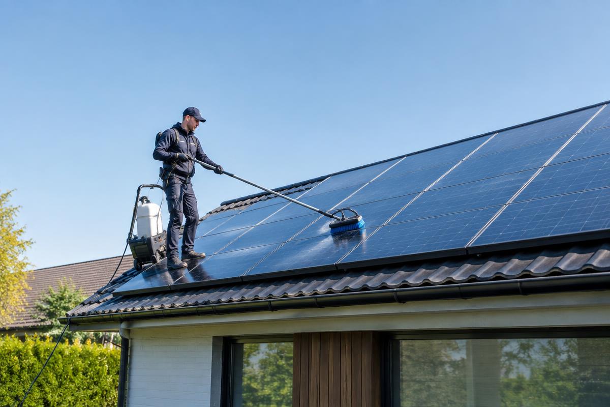 Zonnepanelen reinigen uitgevoerd door een professionele schoonmaker